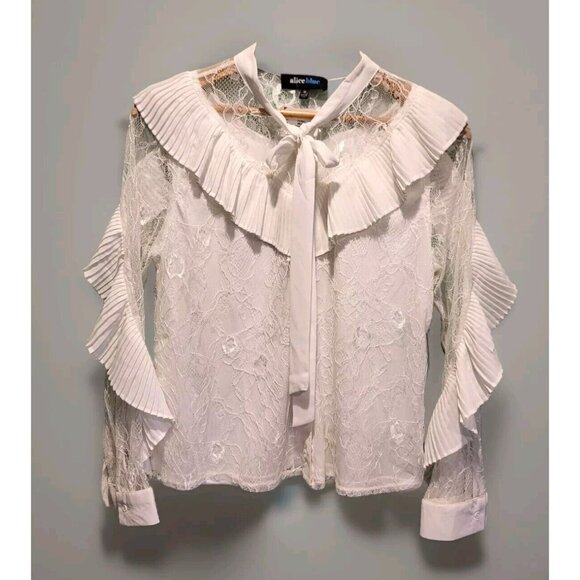Alice Blue Tops - New White Chiffon Lace Ruffle Bow Neck Artsy Western Button Up Top Sz M